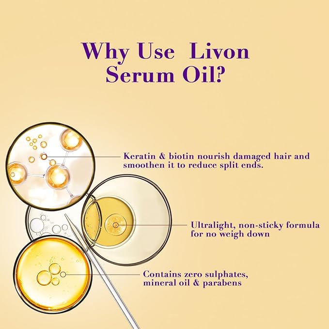 Livon Hair Serum for Men & Women | Sulphate & Paraben free| For All Hair Types | Lightweight & Non Greasy | Organic Onion Repairing Serum Oil | 3.3 Fl. oz (Keratin & Biotin)