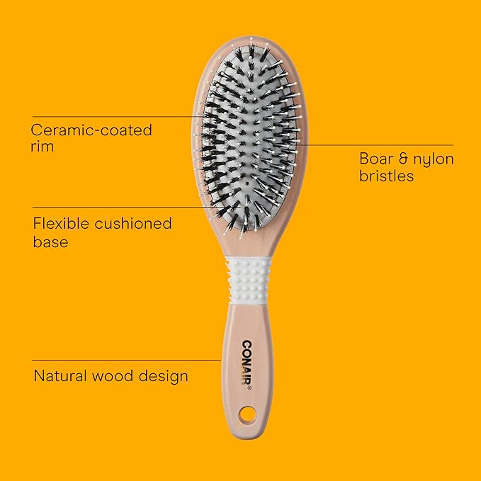 CONAIR Ceramic Wood Nylon & Boar Bristle Cushion Hair Brush, hairbrush for women, reduce frizz and add shine, natural wood handle, for all hair types