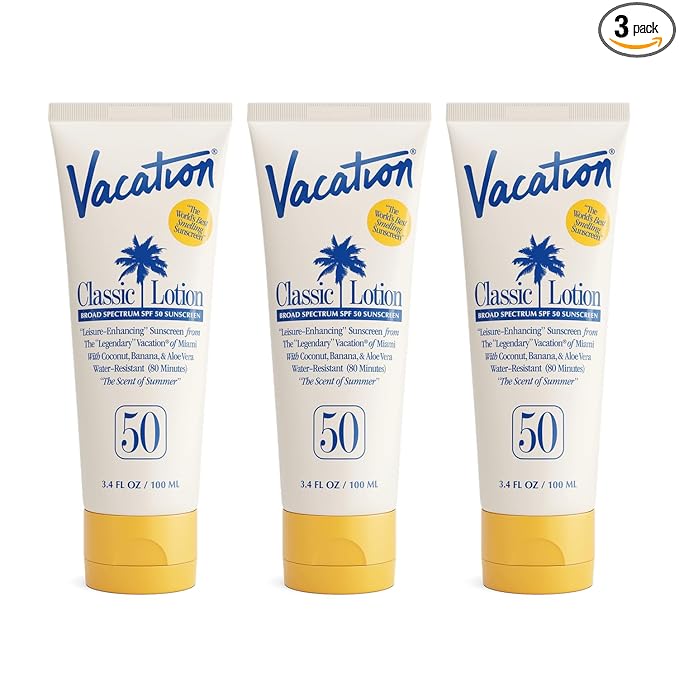 Vacation Classic Sunscreen Lotion SPF 50, Water-Resistant, Lightweight, Transparent on All Skin Tones, Dermatologist-Tested, Vegan, Travel Size, 3.4 Fl. Oz. (Value Pack of 3)