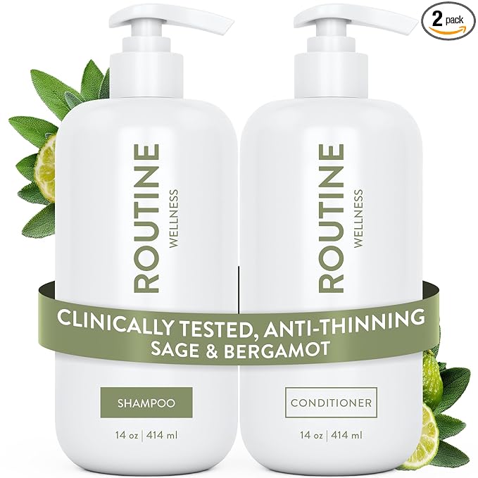 Routine Wellness Anti-Thinning Shampoo and Conditioner Set for Thinning Hair - Biotin DHT Blocker Women & Men - Color Safe Shampoo for Hair Loss & Healthier Hair - Sage & Bergamot (Pack of 2)