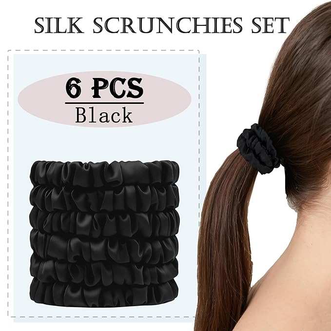 Silk Hair Ties 6Pcs, 22 Momme Pure 100% Mulberry Silk Scrunchies for Women, No Damage Silk Scrunchies for Hair, Black