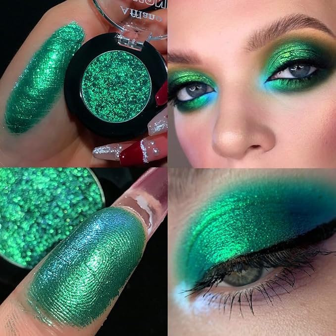 Afflano Green Glitter Eyeshadow Makeup, Chrome Emerald Green Eyeshadow palette Instant Color, Highly Pigmented, Metallic Viridian Shimmery Eye Shadow for St Patricks Wicked Sparkle Eye Face Makeup