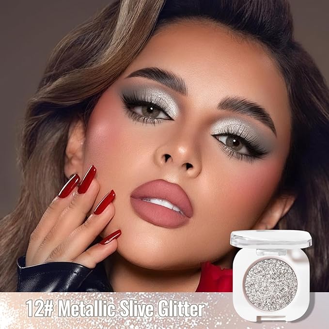 Erinde Silver Glitter Shimmer Single Eyeshadow, Metallic Glow Glitter Cream Eye Shadow, Monochrome Eyeshadow Palette Makeup, Waterproof Sombras para Ojos, Vegan & Cruelty-Free, 12