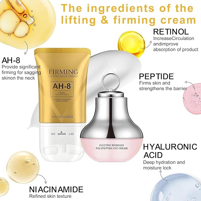 AH-8 Firming Neck Cream & Electric Massage Eye Cream Suit, Neck and Eye Tightening & Rejuvenating Set,Firming Smooth Fine Lines,Reduce Wrinkles & Deep Moisturizing Skincare,Day & Night Use(120g+50g)