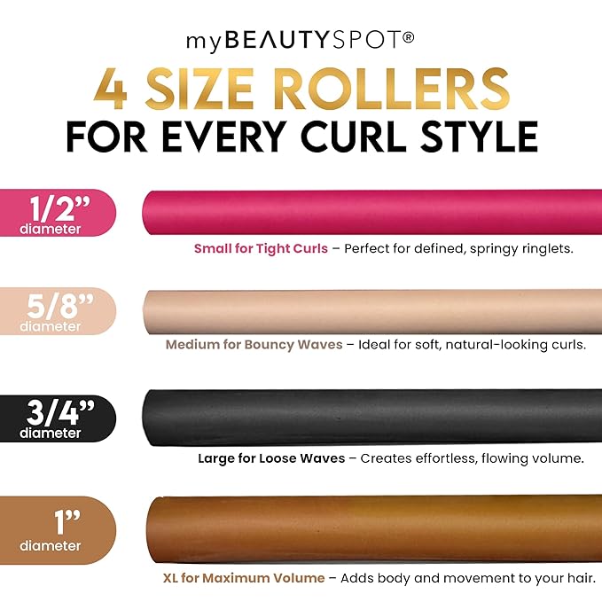 My Beauty Spot Flexi Rods Foam Hair Rollers 18 Flexi Rods 1/2", 3/4", 5/8", and 1" Diameter Professional Salon Quality 18 Pcs Rubber Hair Rollers for Short, Long, and Medium Hair