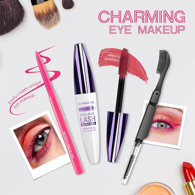 Pink Mascara and Eyeliner Set,5D Colored Mascara Volume and Length Waterproof,Natural Curling rimel de pestañas,Suitable for Women Eye Makeup
