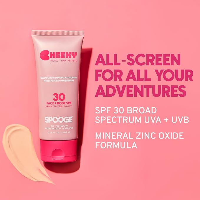 Cheeky | Shimmer Mineral Sunscreen SPF 30 | Zinc Oxide Sunblock | Glitter Sunscreen For Face & Body | Caffeine Infused Formula | Dermatologist Developed | Reef Safe Sunblock | 3.4oz
