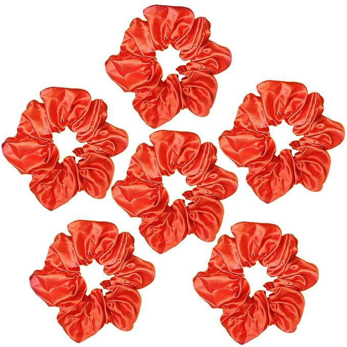 6 Pcs Satin Silk Hair Scrunchies - Soft Hair Ties, Fashion Bands, Bows, Ropes, Elastic Bracelets, Ponytail Holders for Women and Girls (4.5 Inch, Orange)