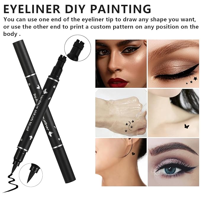 5Pcs Double-headed Liquid Eyeliner Stamp Pencil Set,Winged Eyeliner Stamp Pen Women Black Long-lasting delineador de ojos,(Heart/Flower/Star/Butterfly/Cone) Shape Eye Liner Stamp