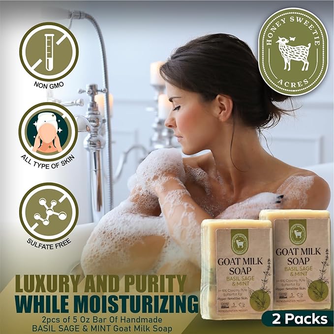 Honey Sweetie Acres 2-Pack Basil, Sage & Mint Goat Milk Soap - Handmade 5 oz Bar, Made with Natural Ingredients, Moisturizing & Gentle, Made in the USA