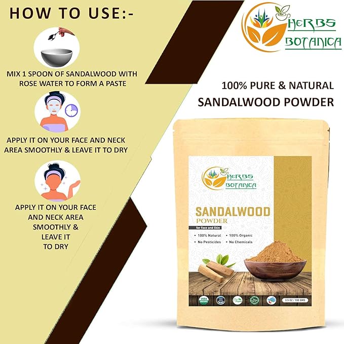 Herbs Botanica Chandan Sandalwood Powder, 100 gm / 3.52 oz, Face Pack & Mask, Tilak, Auspicious Occasions, Natural Cleansing & Soothing Powder.