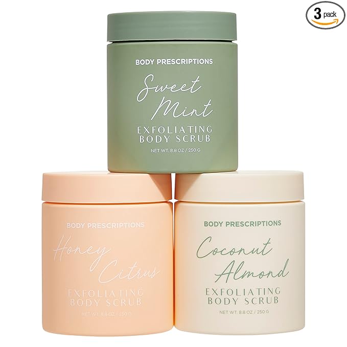 Body Prescriptions Exfoliating Body Scrub – Body Cleanser for Nourished, Ultra-Smooth Skin, Honey Citrus, Coconut Almond, and Sweet Mint