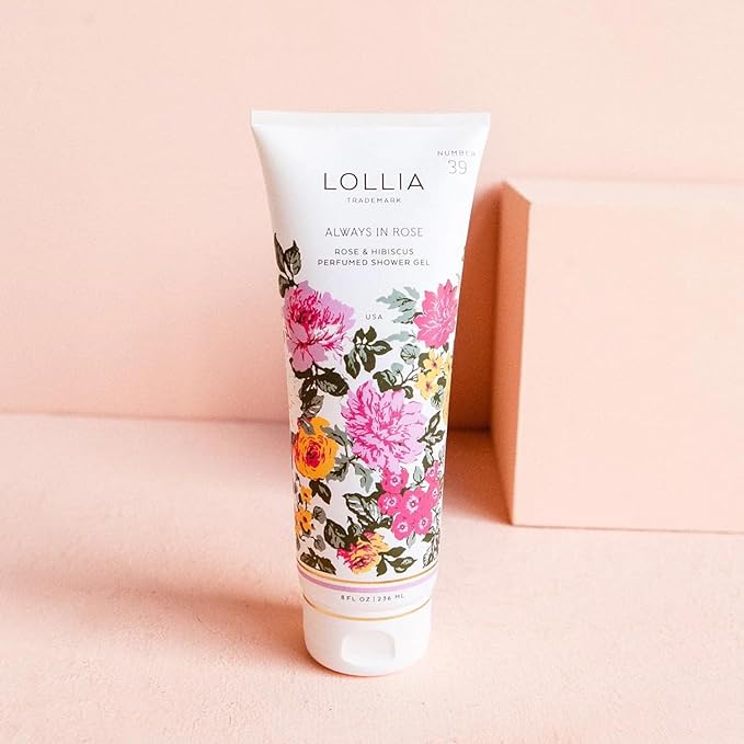 LOLLIA Always In Rose Shower Gel, 8 fl. oz., Luxury Moisturizing Body Wash for Women, Lightly Rose & Hibiscus Scented Liquid Soap