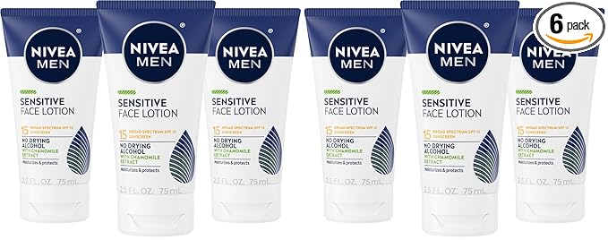 NIVEA MEN Sensitive Face Lotion with SPF 15,Broad Spectrum Sunscreen of 2.5 Fl Oz Tubes,(Pack of 6)