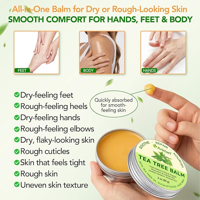 Tea Tree Oil Balm, Tea Tree Oil for Skin, Tea Tree Oil Balm for Dry Skin Relief - Irritated Skin, Cracked Heels - Organic & Safe for All Ages (2 Pack)