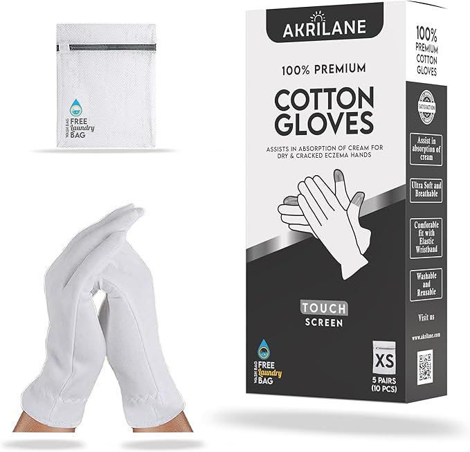 Touch Screen XS Extra Small 5 Pairs 100% Premium Cotton Gloves for Dry Hands | Moisturizing Overnight Gloves for Eczema, Psoriasis & Skin Spa Treatment for Women & Men | Free Laundry Bag