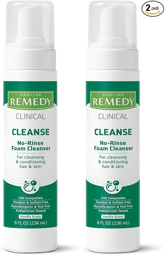 Medline Remedy Clinical No-Rinse Foam Cleanser,Vanilla Scent,No Rinse Shampoo & Body Cleanser for Sensitive Skin,Hydrating,Paraben and Sulfate Free,For Face,Body,and Hair,All Ages, 8 fl oz (Pack of 2)