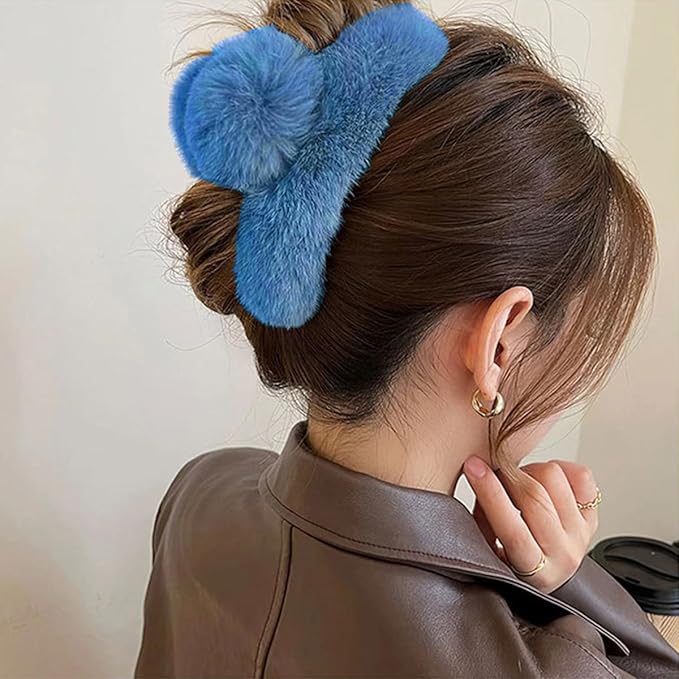 YOYLMAL Large Faux Fur Hair Claw Clip for Women, 5.1 Inches Winter Fluffy Fuzzy Hair Clips, Nonslip Strong Hold Furry Big Jaw Clamp for Thick Long Hair (Blue)