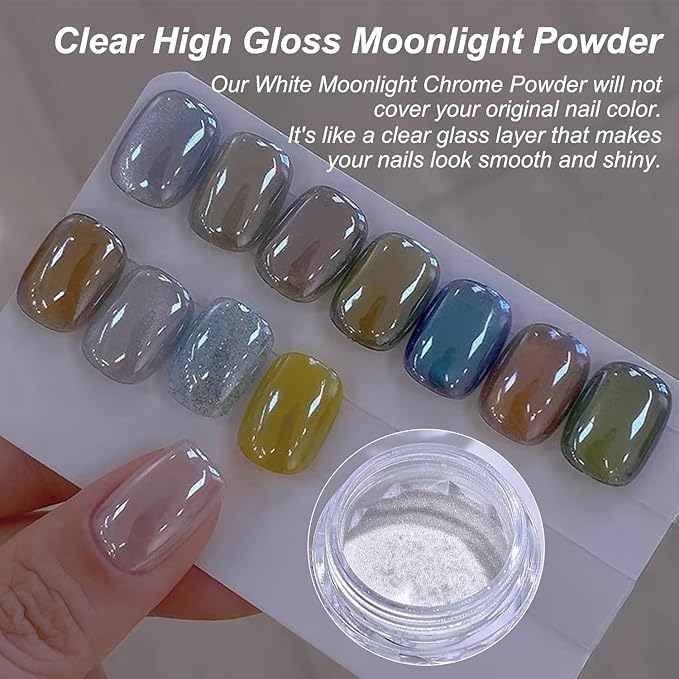 White Pearl Chrome Nail Powder for Gel Nails Clear Glazed Donut Mirror Effect High Gloss Nail Glitter Pigment Powder, Moonlight Unicorn Nail Chrome Powder for Nail Gel Polish Design 1g