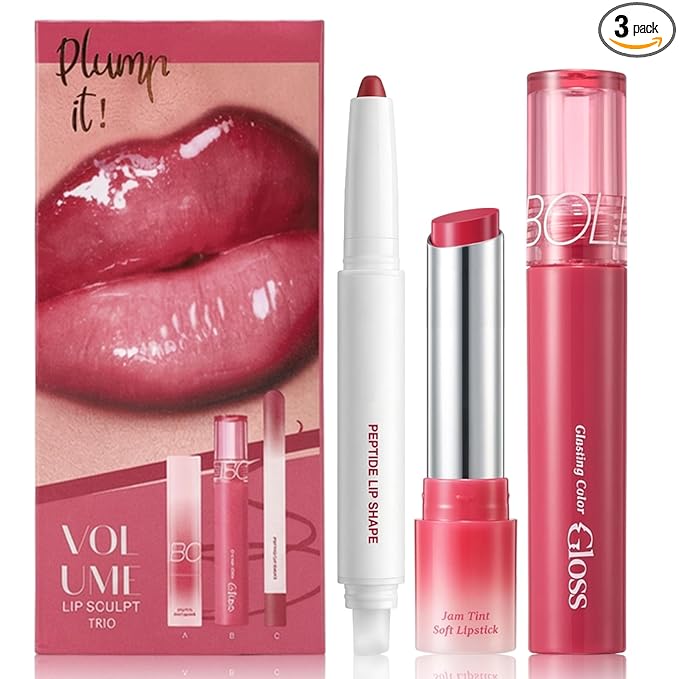 3PCS Lip Combo Set — Matte Lip Liner Pencil, Hydrating Tint Lipstick & Shine Gloss, Non-Sticky Long-Lasting Plumping Lip Makeup Kit for Women, Volume Sculpt Trio, 01