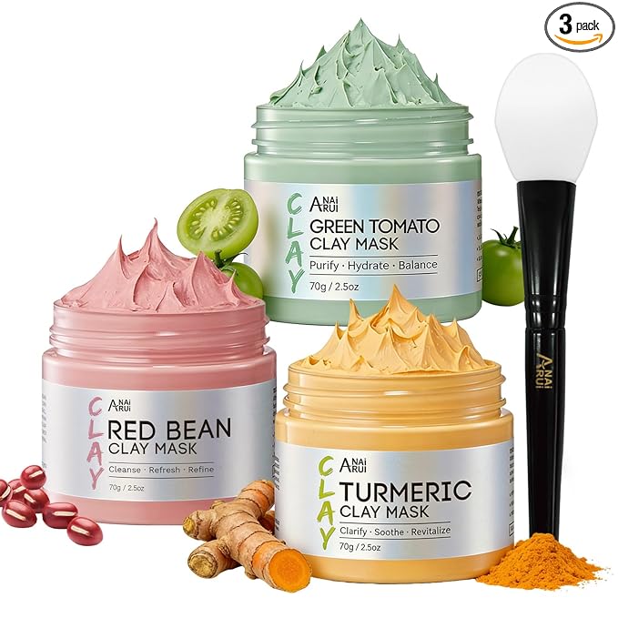 ANAI RUI 3 Pcs Pore Cleansing Face Mask Set Green Tomato Clay Mask - Turmeric Vitamin C Facial Mask Red Bean Refreshing Pore Mask, Relaxing Spa Gift Set Self Care for Women/Teens Girls 2.5 oz each