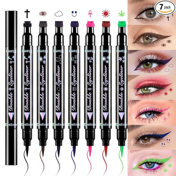 evpct 7Pcs Colored Eye Liners Face Stamp Cosplay Gothic Makeup Set Kit Accessories, Black Brown Purple Blue Red Pink Green Stamps Eyeliner, Star Flowers Heart Moon Triangle Lightning Butterfly Stamp