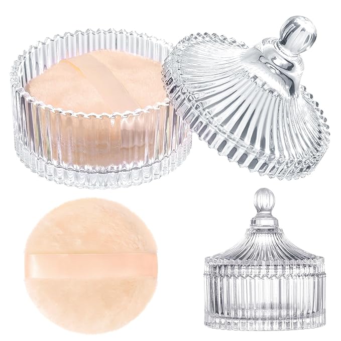 Large Body Powder Puff and Container, 3.54 Inch Women Powder Puff with Crystal Case for Dusting Powder, Beige