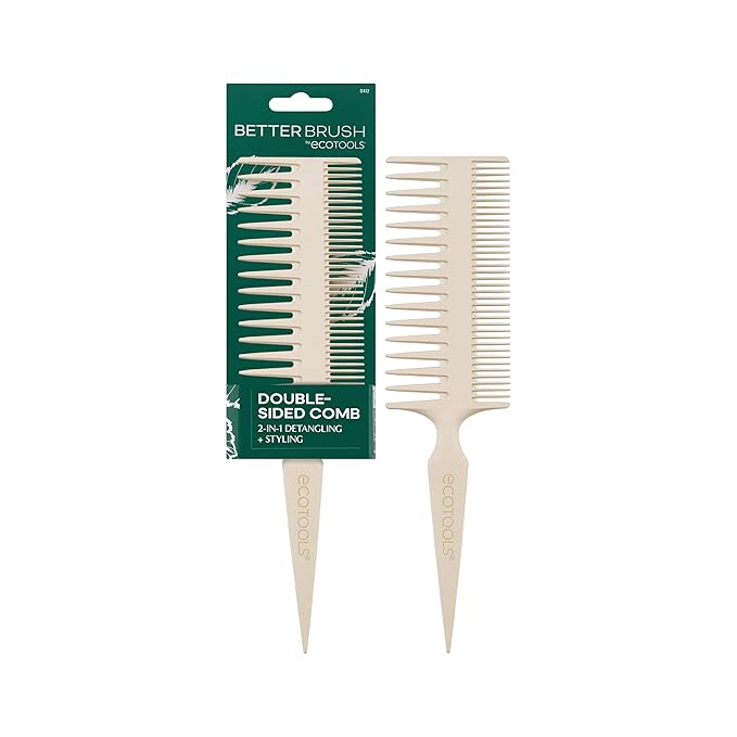 EcoTools Double-Sided Hair Comb, Wide-Tooth & Narrow-Tooth Sides For Detangling & Styling, Sectioning Tip, Bamboo Hair Comb for All Hair Types, Anti-Breakage, Vegan & Cruelty-Free, 1 Count