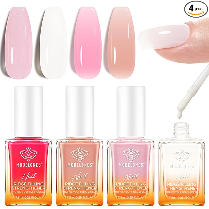 modelones Nail Strengthener Kits Milky White Glitter Pink Nude Nail Polish Sets Nail Repair for Damaged Nails Strengthener and Growth for Thin Weak & Damaged Nail Care Kit for Women 4 Pcs Gifts Sets