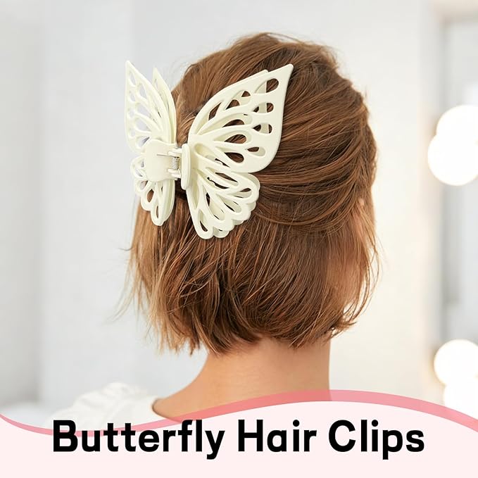 3 Pcs Large Matte Butterfly Hair Clips, Strong Hold Non-Slip Hollow Hair Clips Made to Manage Thick Hair, Multi-Color Barrettes for Women & Girls (Pink, White, Blue)