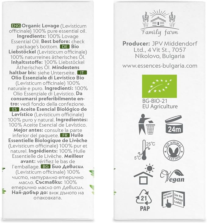 Essences Bulgaria Organic Lovage Essential Oil 1/6 Fl Oz | 5ml | Levisticum officinale | 100% Pure and Natural | Undiluted | Therapeutic Grade | Family Owned Farm | Steam-Distilled | Non-GMO | Vegan