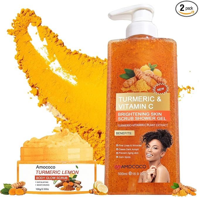 Body Scrub and Body Wash Set with Vitamin C, Turmeric & Lemon, 2-Pack Exfoliating Body Polish and Moisturizing Shower Gel for Smooth Skin, 16.9 fl oz & 3.53 oz