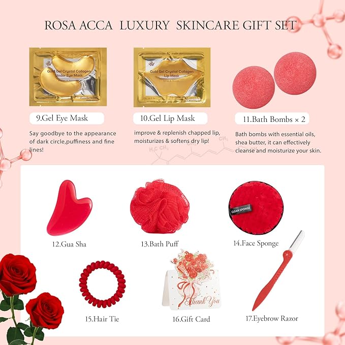 23 Pcs Mother's Day Gift, Rose Facial Skin Care Gifts Set for Women, Bath and Body Gifts Basket, Spa & Self-Care Kit, Sheet Mask, Present, Birthday, Christmas, Anniversary, Bridal Shower, Wife, Mom
