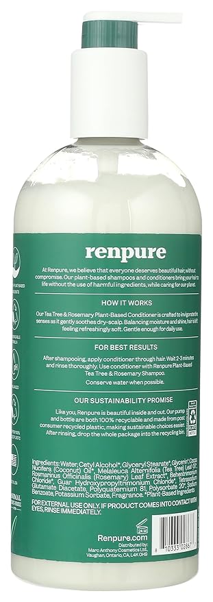 Renpure Plant Based Tea Tree and Rosemary Refresh and Rebalance Conditioner - Soothes Dry Scalp - Delivers Moisture and Shine - Gentle Formula - Dye Free - Recyclable, Pump Bottle Design - 24 fl oz