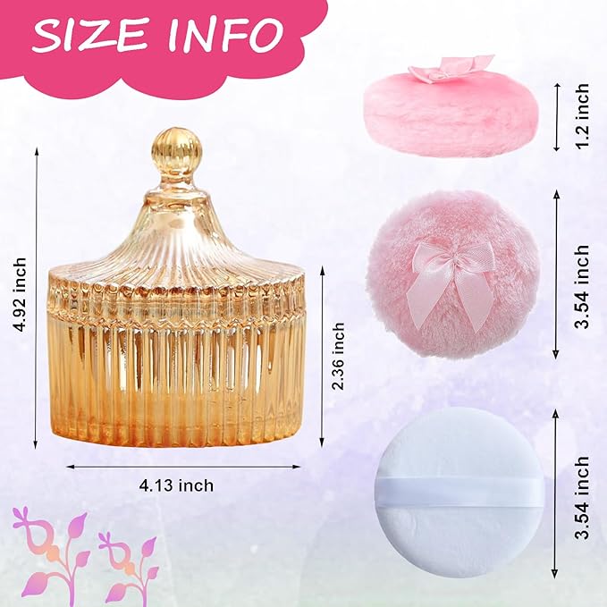 5 Pieces Large Body Powder Puff and Powder Container, Crystal Case for Dust Puff, Powder applicator with Box for Face and Body (Amber, Yurt)