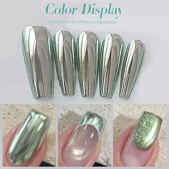 Born Pretty Green Chrome Nail Powder Super Glossy Mirror Effect Metallic Nail Powder Cat Magnetic Eye Nail Powder Nail Glitter Manicure Pigments for Nail Art Design