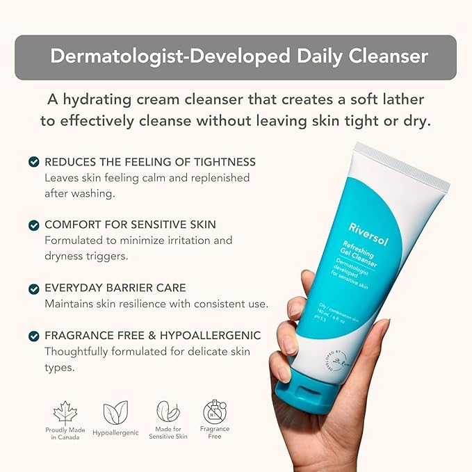 Riversol Hydrating Cream Cleanser | Travel Size | Gentle Face Wash for Dry & Sensitive Skin | Non-Foaming | Removes Makeup | Fragrance Free | Dermatologist Developed