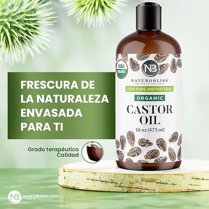 NaturoBliss Organic Castor Oil 16 oz – 100% Pure, Expeller-Pressed, Hexane-Free – Value Size Beauty Oil for Hair, Eyelashes, Eyebrows, Skin & Scalp, with Beauty Starter Kit – USDA Organic, GCMS Tested