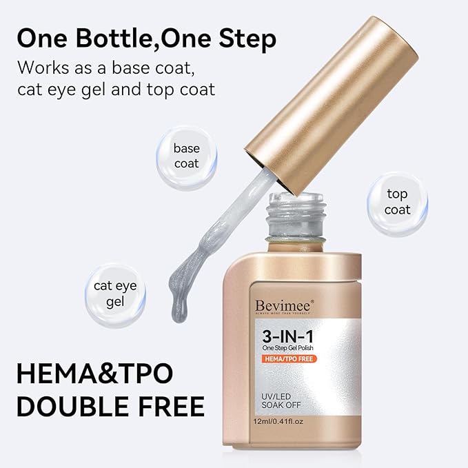 HEMA Free TPO Free Cat Eye Gel Nail Polish, 3-In-1 One Step Silver Cateye Gel Polish with Magnet, 12ml Glossy Glitter Magnetic Soak Off UV/LED Nail Art Gift