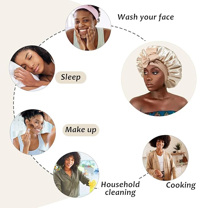 Reversible Satin Bonnet for Women with 3PCS Hair Scrunchies Tie Band Hair Bonnet - Large 2 Layered Silk Sleep Cap - Nightcap for Sleeping (Reversible Coffee/Champagne)