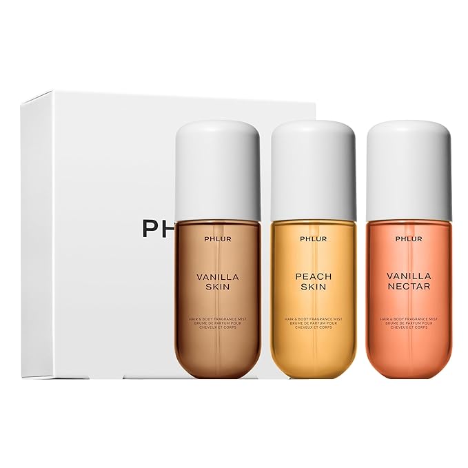 PHLUR Vanilla Peach Trio ($78 Value) - Exclusive 3pc Travel Size Body Mist Set ft. Vanilla Skin, Vanilla Nectar, Peach Skin (3 x 3 fl oz)