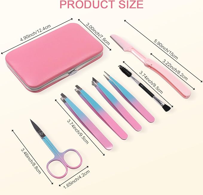 Eyebrow Tweezers Set with Travel Case - 7 Pcs Professional Eyebrow Grooming Kit Stainless Steel Slant and Pointed Tweezer Kit for Women Facial Hair, Ingrown Hair and Daily Grooming