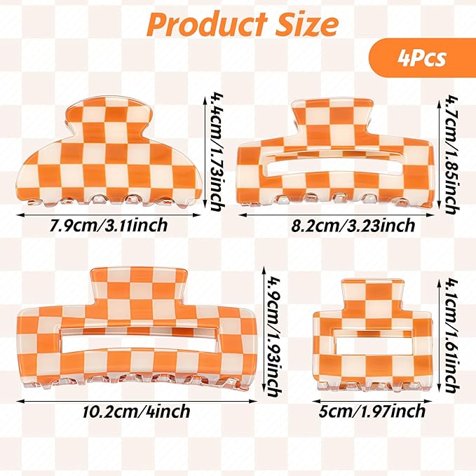 4Pcs Checkered Hair Claw Clips, Non-Slip Hair Jaw Clips for Thick, Thin, Curly, Straight, Long Hair, Simple Style Orange and White Square Claw Clips, Women's Hair Accessories