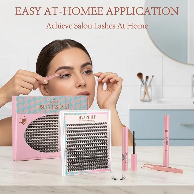 Lash Extension Kit DIY 280pcs Individual Lash Clusters Eyelash Extension Kit, 8-16mm False Eyelash Clusters with Lash Bond and Seal, Lash Tweezers for Self Application (40D Kit)