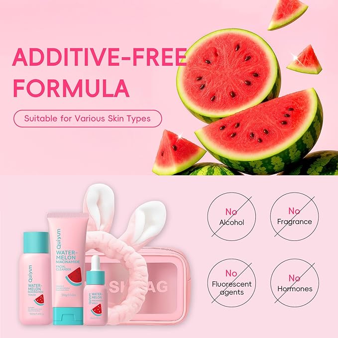 QUIYUM Watermelon & Niacinamide Skin Care Set, Beauty Facial Skincare Products, Routine Skincare for Teens, Nourishing, Hydration, Glow Up, Trendy Stuff for Girls with 3PCS, Birthday Mother's Day Gift