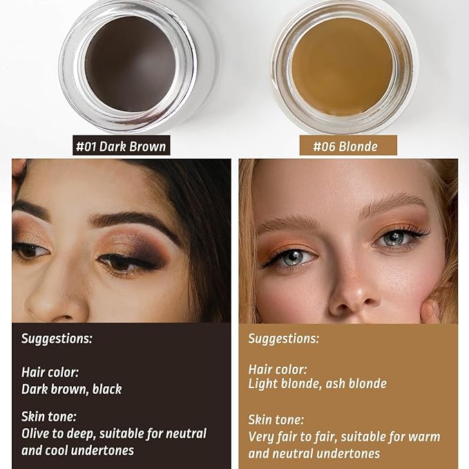 Eyebrow Pomade Kit – 2 Pack Stay Put Waterproof Brow Color to Fill & Shape Brows, with 4-Tip Liquid Eyebrow Pen, Double-Ended Angled Spoolie Brush & PU Travel Pouch (Dark Brown + Blonde)