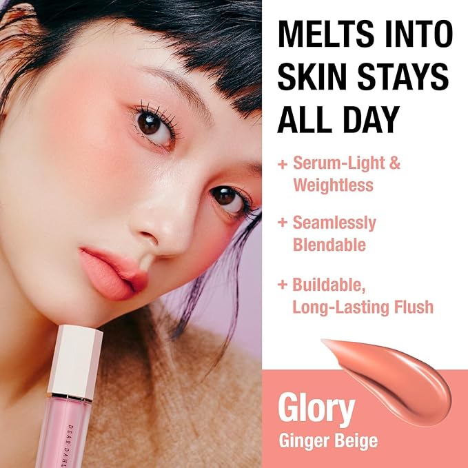 DEAR DAHLIA Petal Drop Liquid Blush (Glory) - Natural Dewy Glow Serum Blush, Buildable & Blendable, Sheer Watercolor Finish, Vegan Korean Makeup for Cheeks, 0.14 oz