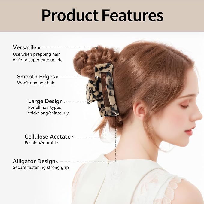 YIERSO Large Hair Claws Clips, Hair Clips for Women, Acetate Claw Clips Hold Non-Slip, 4.33“Jaw Clip Big Barrettes Stylish Hair Accessories for Thick/Nomal/Thin Curly Hair, 2Pack (Black Brown)