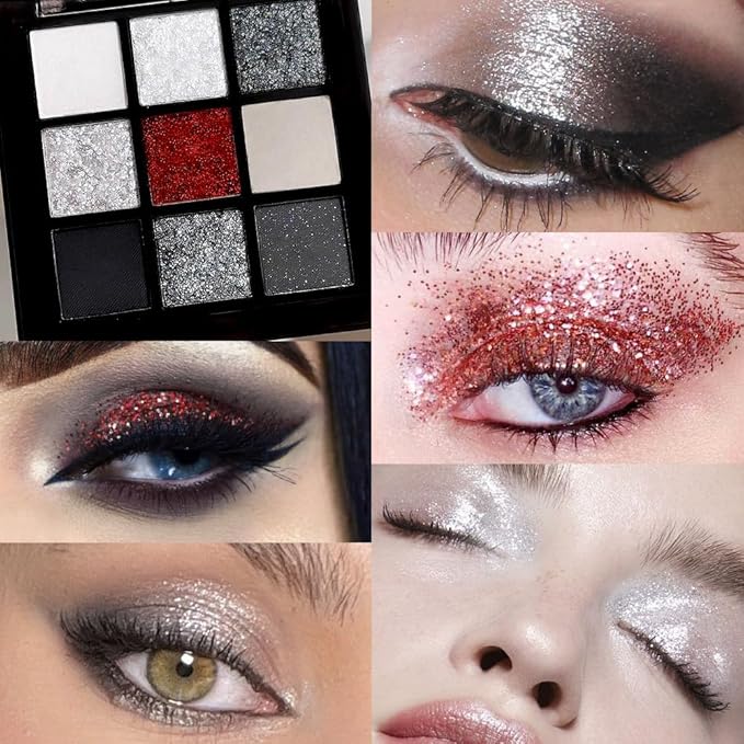 CAKAILA Smokey Black Red Eyeshadow Palette,9 Colors Dark Shimmer Matte Metallic Makeup Pallet,Make Up Kit for Halloween Parties Christmas Joker Vampire Clown,Long Lasting Waterproof