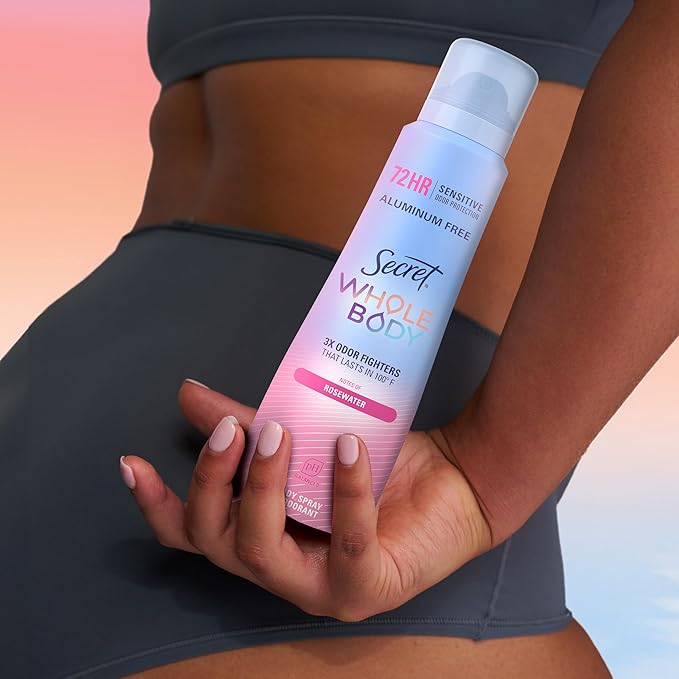 Secret Whole Body Deodorant for Women, Rosewater Scent, Aluminum Free Deodorant Spray, 72 HR Odor Protection, 3.5 oz